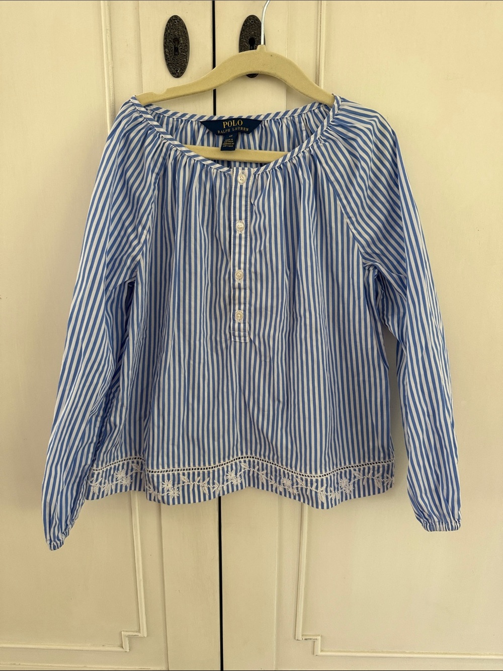 Polo by Ralph Lauren Blue & White Striped Peasant Top with Embroidered Hem